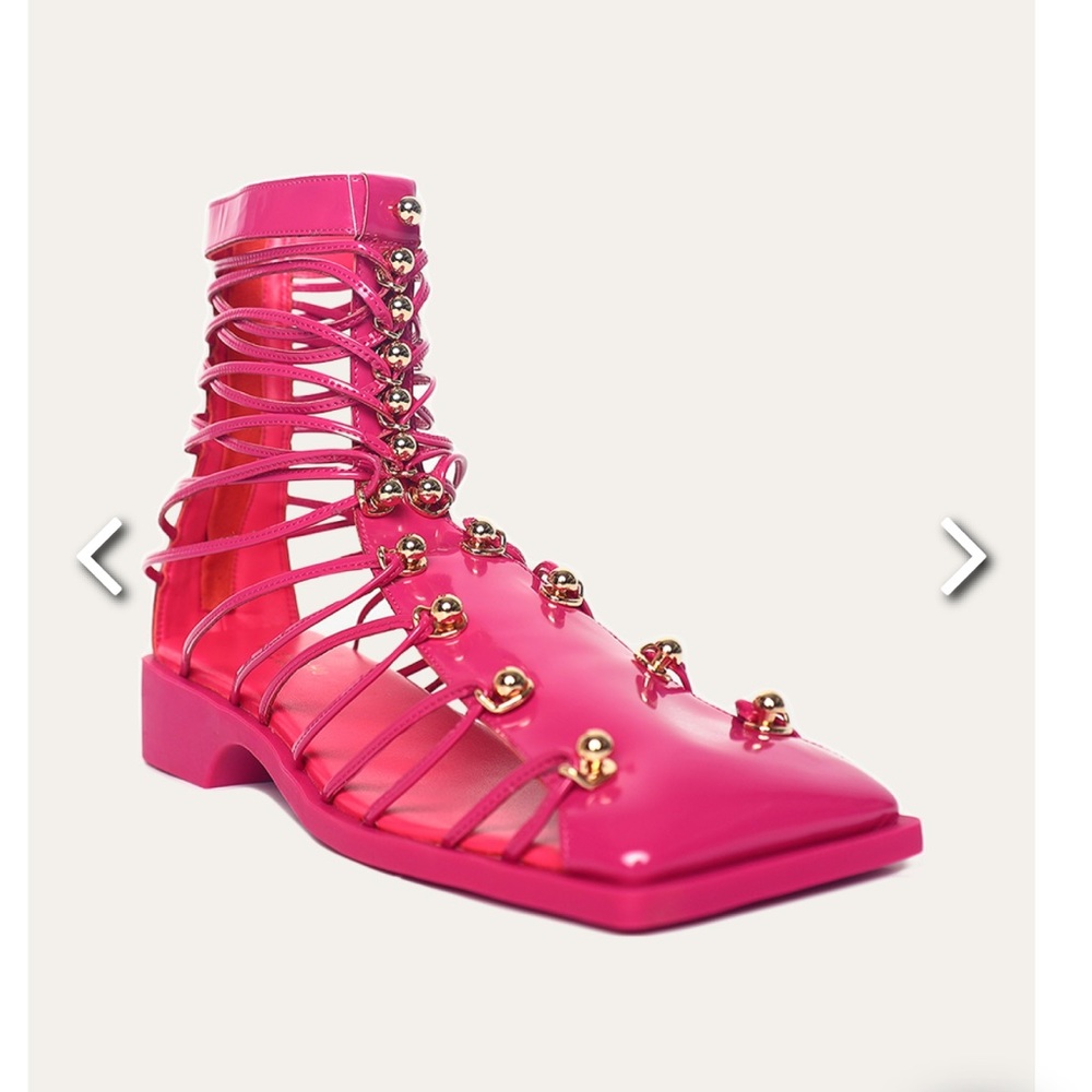 Vivienne Hu Square Toe Strapped Leather Cage Sandals - Fuchsia